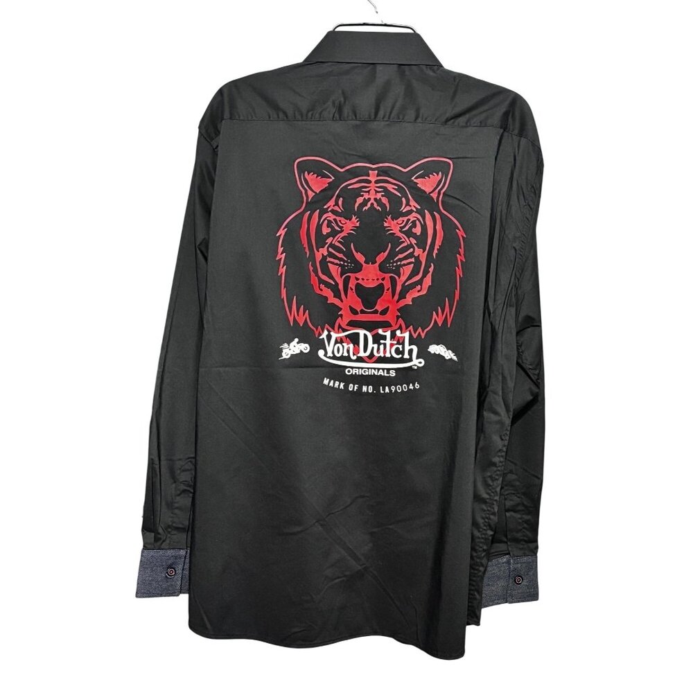 Von Dutch Tiger Graphic Back Button Down Shirt Black Red Y2K Streetwear XL